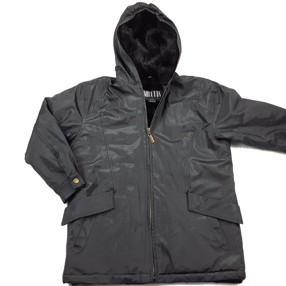 Miletta Full Zip PVC Hooded Coat , Black, Faux Fur Lining, Women's Size Small